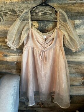 Women’s Sheer Puff Sleeve taupe Dress with Ruched Bodice